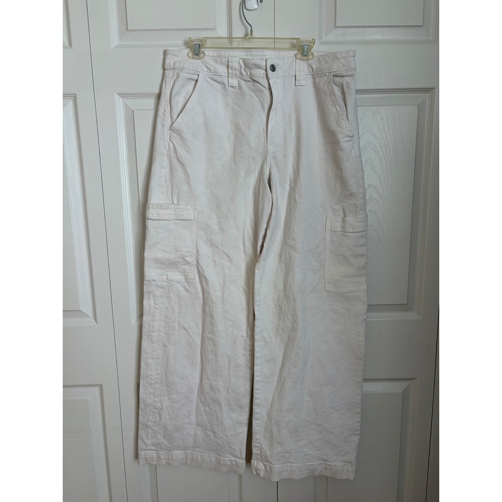 American Eagle White Wide Leg Cargo Pants Womens 14 Long Stretch Utility Denim